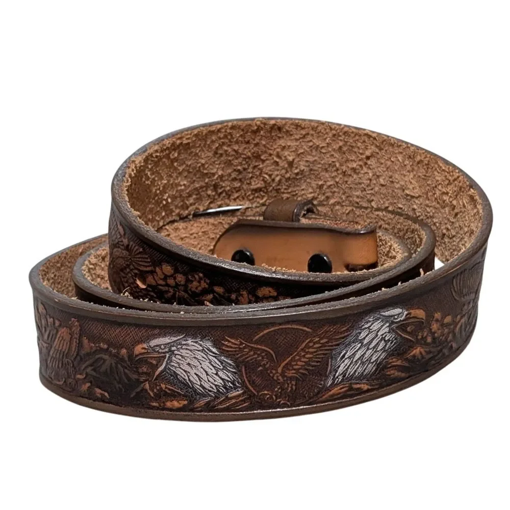 Brown leather tooled eagle belt cow hide western cowboy rodeo festival